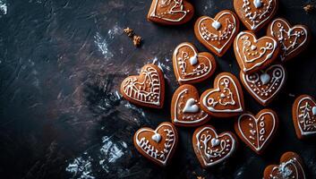ai gerado Pão de gengibre biscoitos dentro a Formato do corações em uma Sombrio fundo foto