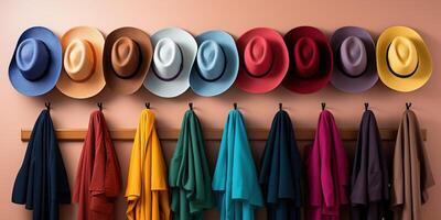 ai gerado colorida chapéus e lenços arranjado em uma luz Rosa parede foto