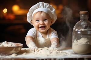 ai gerado sorridente bebê dentro uma branco chef chapéu cozinhando dought dentro cozinha em borrado fundo foto