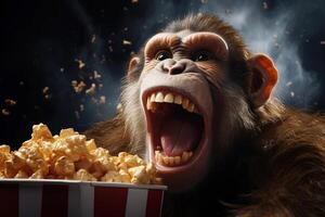 ai gerado fechar acima retrato do uma gritando macaco comendo Pipoca a partir de uma vermelho branco balde dentro uma cinema em uma Sombrio fundo foto