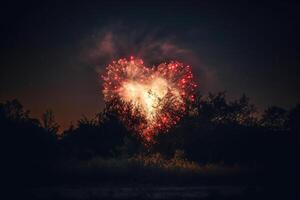 ai gerado coração em forma fogos de artifício dentro a noite floresta foto