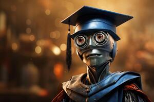 ai gerado 3d ilustração do uma mecânico robô vestindo uma quadrado graduação chapéu em uma borrado fundo do uma universidade biblioteca foto