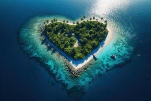 ai gerado aéreo zangão Visão do isolado tropical paraíso ilha dentro coração forma foto