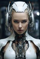 ai gerado vertical retrato do adorável azul olhos cyborg andróide mulher com humano face foto