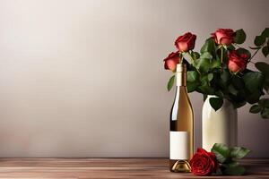 ai gerado ramalhete do vermelho rosas flores dentro vaso e garrafa do vinho em de madeira mesa com cópia de espaço, romântico modelo Projeto foto
