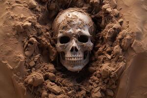 ai gerado seco humano crânio coberto com areia dentro deserto foto
