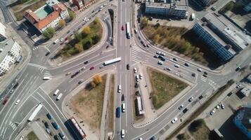 ai gerado aéreo Visão do abstrato estrada junção do cidade estradas com carros em isto foto