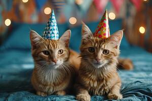 ai gerado dois festivo doméstico gengibre gatos dentro festa chapéus em uma azul cama foto