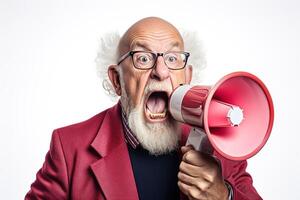 ai gerado à moda idosos homem dentro óculos gritos emocionalmente para dentro uma Rosa megafone em branco fundo foto