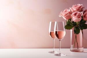 ai gerado dois óculos do vinho com Rosa rosas flores dentro vaso em pálido Rosa fundo com cópia de espaço, romântico modelo Projeto foto