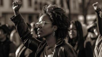 ai gerado monocromático imagem do uma jovem africano americano mulher dentro óculos levantando punho dentro protesto gesto contra borrado multidão fundo foto