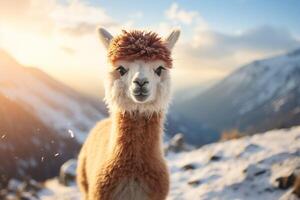 ai gerado fofo alpaca lhama em uma borrado fundo do Nevado montanhas em uma ensolarado dia foto