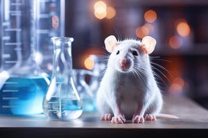 ai gerado pequeno branco rato em a mesa dentro a laboratório entre a teste tubos e frascos em borrado fundo foto