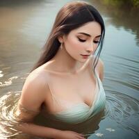 ai gerado caucasiano jovem mulher banha dentro a rio. generativo ai. foto