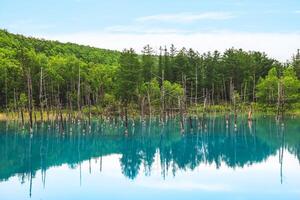 cenário do biei azul lagoa dentro Hokkaido, Japão foto