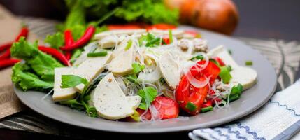 picante vidro macarrão salada com vietnamita linguiça servido dentro uma cinzento prato colocar em uma de madeira mesa e vários legumes. foto