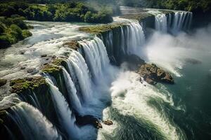 ai gerado enorme lindo poderoso cascata em cascata abaixo, aéreo Visão panorama foto