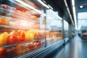 ai gerado supermercado geladeira prateleiras com frutas borrado fundo foto