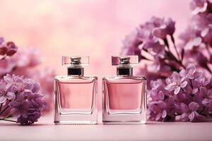 ai gerado dois perfume frascos com uma lilás flores em Rosa fundo foto