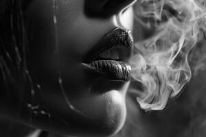 ai gerado fechar-se do uma fêmea lábios exalando fumaça, Preto e branco noir foto