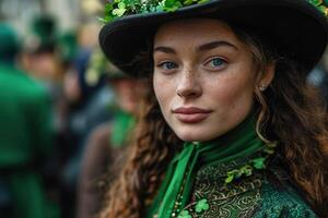 ai gerado retrato do a atraente azul olhos sardento morena vestindo uma decorado topo chapéu, verde cachecol e vestir dentro uma multidão a comemorar st. patrick's dia foto