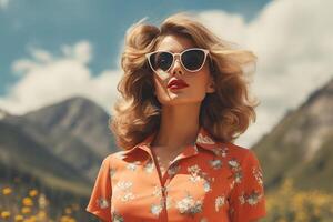 ai gerado jovem adorável mulher dentro oculos de sol e à moda vermelho camisa caminhando dentro uma montanha vale foto