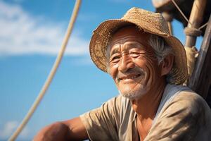 ai gerado idosos ásia pescador com cinzento cabelo, barba e rugas dentro a velho Palha chapéu , apertando os olhos e sorridente em uma navio foto
