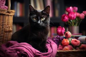 ai gerado fofa doméstico Preto gato sentado em uma Rosa cobertor às casa com flores em fundo foto