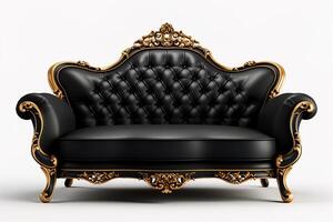 ai gerado luxo clássico Preto e ouro couro capitone abotoado sofá, isolado em branco foto