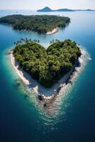 ai gerado vertical imagem aéreo zangão Visão do tropical paraíso ilha dentro coração forma foto