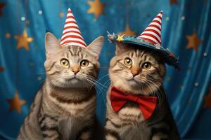 ai gerado dois festivo adorável malhado gatos dentro festa chapéus em uma azul fundo com estrelas foto