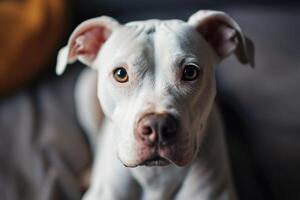 ai gerado retrato do uma adorável branco pitbull cachorro às casa olhando às Câmera foto