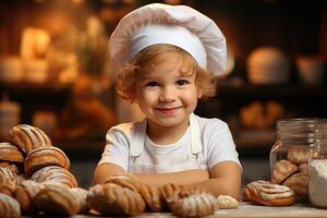 ai gerado adorável sorridente encaracolado gengibre menina dentro uma branco chef chapéu cozinhando dentro cozinha em borrado fundo foto