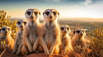 ai gerado meerkat família dentro a savana em uma ensolarado dia foto