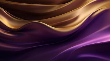 ai gerado abstrato fundo com 3d onda brilhante seda tecido. gradiente combinação roxa e ouro cores foto