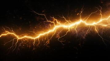 ai gerado ouro instantâneo do relâmpago em Sombrio fundo. elétrico, energia, tempestade, poder, trovão foto