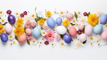 ai gerado Primavera conceito. Páscoa motivos. Páscoa ovos e Primavera flores em branco fundo. foto