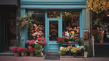 ai gerado panelas com flores em a rua do velho europeu cidade. flor fazer compras e flores em a rua do cidade em uma ensolarado outono dia digital ilustração. foto