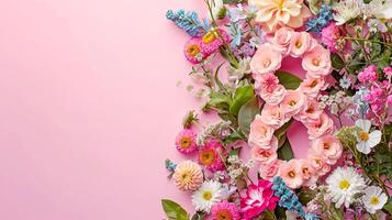 ai gerado floral arranjo com número oito fez a partir de lisiantio flores em uma Rosa fundo com espaço para texto. 8 consiste do pastel Rosa flores 8ª aniversário cartão modelo para marcha 8º. foto