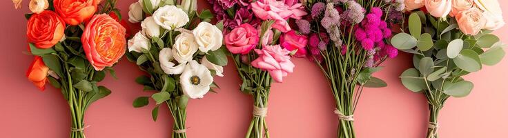 ai gerado flores em uma Rosa fundo. cinco diferente buquês. uma conjunto do buquês para uma jogos modelo, psicologia. cor seleção. foto