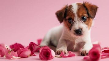 ai gerado jack russell terrier cachorro em uma Rosa fundo com rosa pétalas. foto