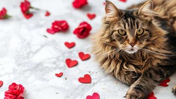 ai gerado Bravo fofo gato sem dia dos namorados dia presente. a gato mentiras contra a fundo do espalhados corações e escarlate rosas. conceito do expectativa do amor e ternura. foto