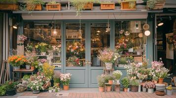 ai gerado flores perto uma flor fazer compras. flores dentro vasos de flores em a rua do a cidade. foto