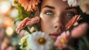 ai gerado detalhado retrato do uma feliz menina com sardas se escondendo dela face dentro flores em uma ensolarado dia. estilo de vida tiro do uma jovem europeu menina com verde olhos dentro natureza entre flores foto