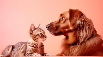 ai gerado gato e cachorro juntos em uma Rosa fundo. conceito do amizade entre animais de estimação. foto