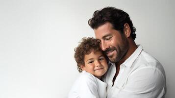 ai gerado feliz pai e filho abraçando e olhando às cada de outros em branco fundo. retrato do uma pai suavemente segurando uma criança. conceito do masculino emoções. foto