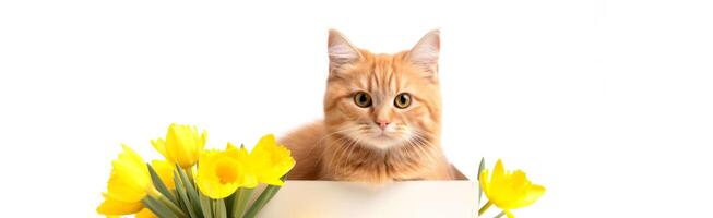 ai gerado fofa gengibre gato com amarelo tulipas isolado em branco fundo. foto