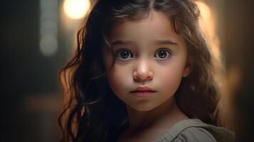 ai gerado retrato do uma pequeno menina com grandes encaracolado cabelo dentro uma luz sala. foto