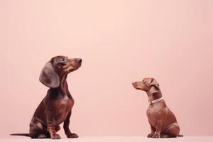 ai gerado dois fofa adorável Castanho dachshund cachorro sentado em pastel Rosa fundo. foto