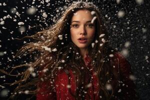 ai gerado fechar-se inverno moda retrato do jovem lindo menina dentro Nevado clima em Sombrio Preto fundo foto